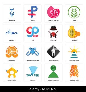 Set Of 16 simple editable icons such as orange lion, muslim crescent, twister, royal family, rise and shine, poseidon, church, mandarin, outlaws can b Stock Vector