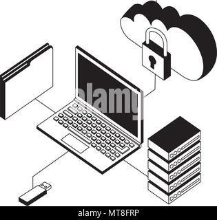 laptop connected usb cloud database and folder isometric Stock Vector