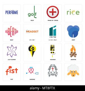 Set Of 16 simple editable icons such as, nursing, fist, bonfire, beat, lily flower, lorem ipsum can be used for mobile, web UI Stock Vector