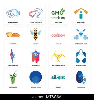 Set Of 16 simple editable icons such as thumbprint, silent, golden ratio, aloe vera, fishing store, bus company, tortilla, cheerleader, condom can be  Stock Vector