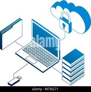 laptop connected usb cloud database and folder isometric Stock Vector