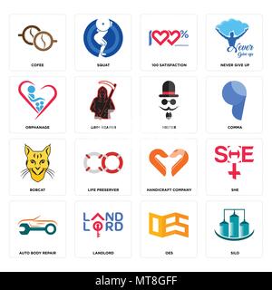 Set Of 16 simple editable icons such as silo, oes, landlord, auto body repair, she, cofee, orphanage, bobcat, mister can be used for mobile, web UI Stock Vector