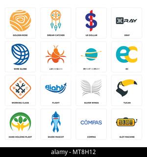 Set Of 16 simple editable icons such as slot machine, compas, shark mascot, hand holding plant, tucan, golden rose, wire globe, working class, import  Stock Vector