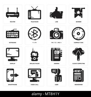 Set Of 16 simple editable icons such as Newspaper, User, Video call, Smartphone, Cloud computing, Router, Keyboard, Display, Photo camera can be used  Stock Vector