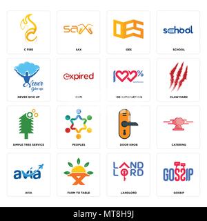 Set Of 16 simple editable icons such as gossip, landlord, farm to table, avia, catering, c fire, never give up, tree service, 100 satisfaction can be  Stock Vector
