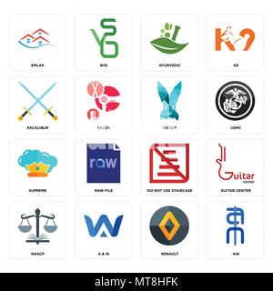Set Of 16 simple editable icons such as ain, renault, a & w, naacp, guitar center, emlak, excalibur, supreme, deceit can be used for mobile, web UI Stock Vector