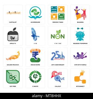 Set Of 16 simple editable icons such as bitconnect, callout, e waste, soy free, gym with purple, capitalist, apple tv, golden peacock, non toxic can b Stock Vector