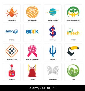 Set Of 16 simple editable icons such as leaf, silver wings, carpet, retropie, tucan, cockroach, embryo, working class, us dollar can be used for mobil Stock Vector