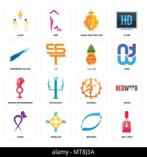 Set Of 16 simple editable icons such as nail tech, retweet, jewellry, lupus, wood, laxmi, peregrine falcon, women empowerment, kalash can be used for  Stock Vector