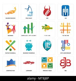 Set Of 16 simple editable icons such as bbj, periodic table, lowrider, constraction, 30th anniversary, golden peacock, bhangra, fantasy baseball, trop Stock Vector
