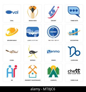 Set Of 16 simple editable icons such as chess club, campsite, property maintenance, hr, capricorn, oval, golden eagle, chisel, passport stamp can be u Stock Vector
