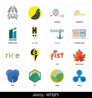 Set Of 16 simple editable icons such as ripple, farm, pic, dent, maple leaf, , lorem ipsum, sailor can be used for mobile, web UI Stock Vector