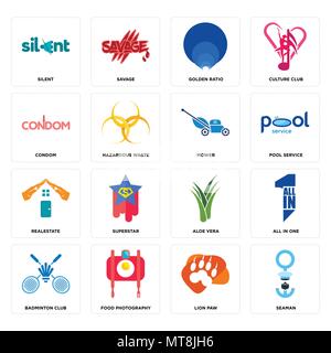 Set Of 16 simple editable icons such as seaman, lion paw, food photography, badminton club, all in one, silent, condom, realestate, mower can be used  Stock Vector