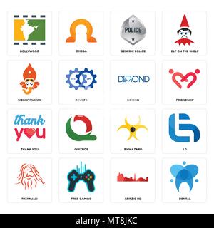 Set Of 16 simple editable icons such as dental, leipzig hd, free gaming, patanjali, lg, bollywood, siddhivinayak, thank you, dimond can be used for mo Stock Vector