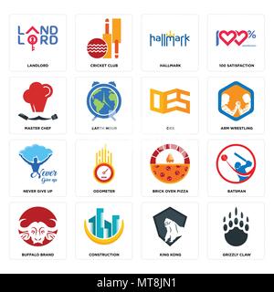 Set Of 16 simple editable icons such as grizzly claw, king kong, construction, buffalo brand, batsman, landlord, master chef, never give up, oes can b Stock Vector