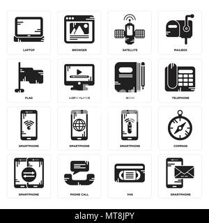 Set Of 16 simple editable icons such as Smartphone, Vhs, Phone call, Compass, Laptop, Flag, Book can be used for mobile, web UI Stock Vector