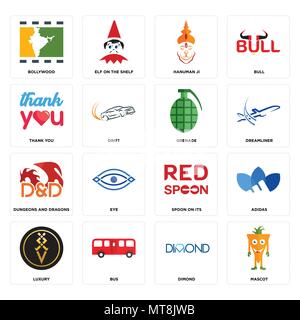 Set Of 16 simple editable icons such as mascot, dimond, bus, luxury, adidas, bollywood, thank you, dungeons and dragons, grenade can be used for mobil Stock Vector