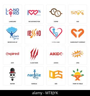 Set Of 16 simple editable icons such as farm to table, oes, nargile, mister, omg, landlord, never give up, expi, orphanage can be used for mobile, web Stock Vector