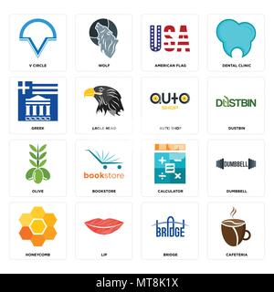 Set Of 16 simple editable icons such as cafeteria, bridge, lip, honeycomb, dumbbell, v circle, greek, olive, auto shop can be used for mobile, web UI Stock Vector