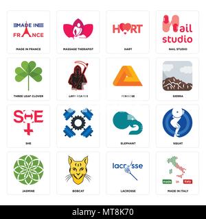 Set Of 16 simple editable icons such as made in italy, lacrosse, bobcat, jasmine, squat, france, three leaf clover, she, penrose can be used for mobil Stock Vector