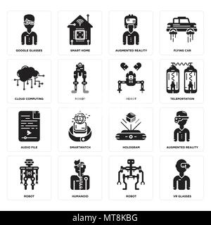 Set Of 16 simple editable icons such as Vr glasses, Robot, Humanoid, Augmented reality, Google Cloud computing, Audio file, Robot can be used for mobi Stock Vector