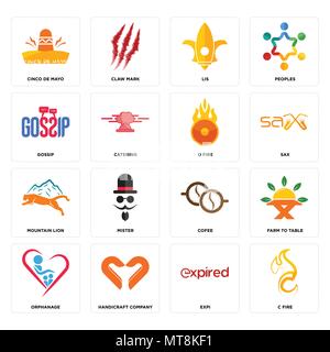Set Of 16 simple editable icons such as c fire, expi, handicraft company, orphanage, farm to table, cinco de mayo, gossip, mountain lion, o fire can b Stock Vector