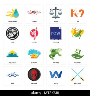 Set Of 16 simple editable icons such as excalibur, a & w, spartan, bike, ayurvedic, liquid nitro, usmc, mountain, raw file can be used for mobile, web Stock Vector