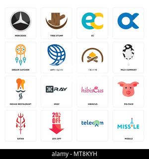 Set Of 16 simple editable icons such as missile, , 20% off, satan, pig face, mercedes, dream catcher, indian restaurant, hearth can be used for mobile Stock Vector