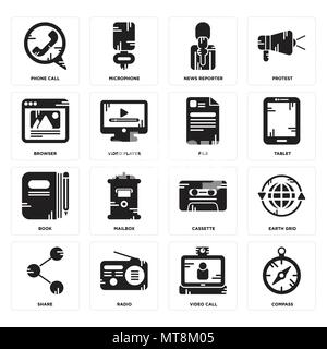Set Of 16 simple editable icons such as Compass, Video call, Radio, Share, Earth grid, Phone Browser, Book, File can be used for mobile, web UI Stock Vector