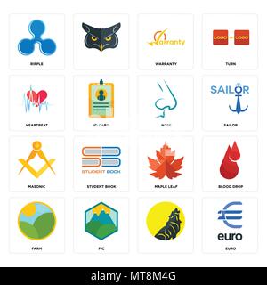 Set Of 16 simple editable icons such as euro, , pic, farm, blood drop, ripple, heartbeat, masonic, nose can be used for mobile, web UI Stock Vector