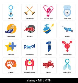 Set Of 16 simple editable icons such as lung cancer, savage, food photography, lion paw, transgender, seaman, lawn mower, star plus, can be used for m Stock Vector