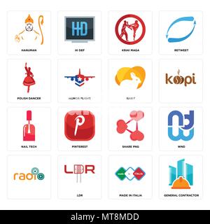 Set Of 16 simple editable icons such as general contractor, made in italia, ldr, , wnd, hanuman, polish dancer, nail tech, rabit can be used for mobil Stock Vector