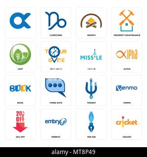 Set Of 16 simple editable icons such as cricket, pen nib, embryo, 20% off, venmo, , leaf, book, missile can be used for mobile, web UI Stock Vector