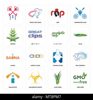 Set Of 16 simple editable icons such as gmo free, aloe vera, hazardous waste, realestate, bus company, , quran, sauna, eucalyptus can be used for mobi Stock Vector