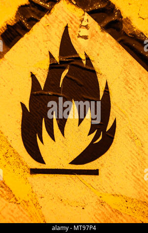 Old warning sign on vehicle with tank for flammable liquid background. Transportation of flammable and combustible liquids. Color effect. Stock Photo