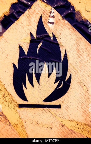 Old warning sign on vehicle with tank for flammable liquid background. Transportation of flammable and combustible liquids. Color effect. Stock Photo