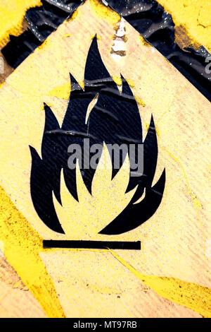 Old warning sign on vehicle with tank for flammable liquid background. Transportation of flammable and combustible liquids. Color effect. Stock Photo