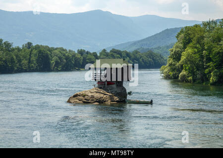 Lonely house on Drina river in Serbia Stock Photo