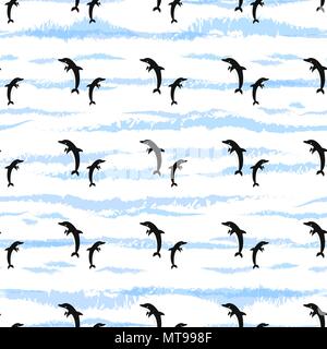 Vector seamless pattern with dolphins Jumping fish monochrome seamless pattern Textile dolphins pattern Wrapping paper dolphins background Stock Vector