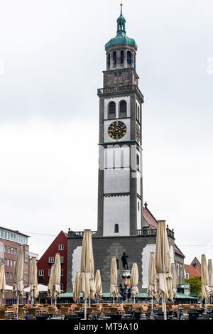 Travel to Germany - view of Perlachturm (medieval clock tower) in Augsburg city in rainy spring day Stock Photo