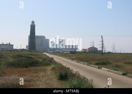 A view of the Old Lighthouse with the Nuclear Power Station in the background, Dungeness, Kent Stock Photo