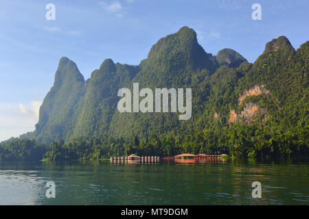 Floating houses on Cheow Lan lake Stock Photo
