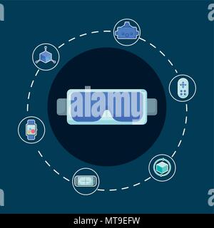 Virtual reality design with vr glasses and related icons around over blue background, colorful design. vector illustration Stock Vector