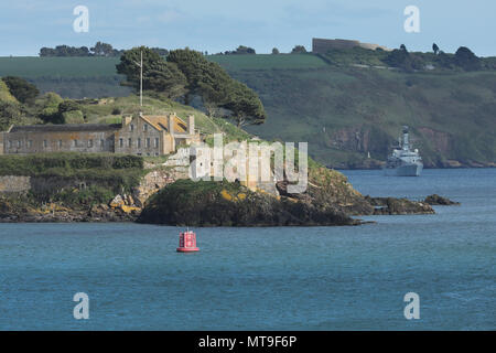 Drake's Island in Plymouth Sound though it has also been known as St Michaels and St Nicholas Stock Photo