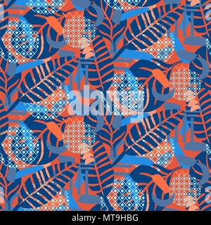 Jungle pattern. Red and blue abstract textured vector background. Stock Vector
