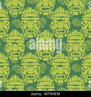Tribal totem mask seamless green textured pattern. Stock Vector