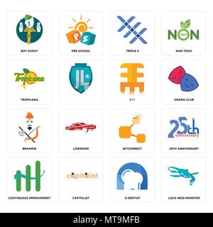 Set Of 16 simple editable icons such as loch ness monster, d dentist, capitalist, continuous improvement, 25th anniversary, boy scout, tropicana, brah Stock Vector