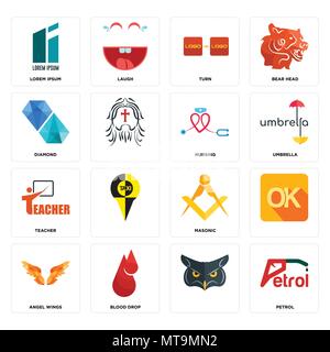 Set Of 16 simple editable icons such as petrol, , blood drop, angel wings, lorem ipsum, diamond, teacher, nursing can be used for mobile, web UI Stock Vector