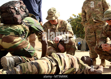 Soldiers of United States Army 3rd Squadron, 71st Cavalry Regiment, 10th Mountain Division observe as a soldier of the Senegalese Army applies a tourniquet to a fellow soldier during the medical portion of a training exercise at the Tactical Training Center Number Seven in Thies, Senegal, May 17, 2018. Instructors with the Senegalese Army began training with 10th Mountain April 30, 2018 to better prepare for leading their upcoming Advanced Infantry Training. (U.S. Army Photo by Staff Sgt. Brandon Ames) Stock Photo