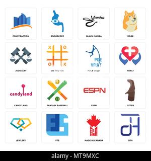 Set Of 16 simple editable icons such as dth, made in canada, ffs, jewlery, otter, constraction, judiciary, candyland, pole vault can be used for mobil Stock Vector